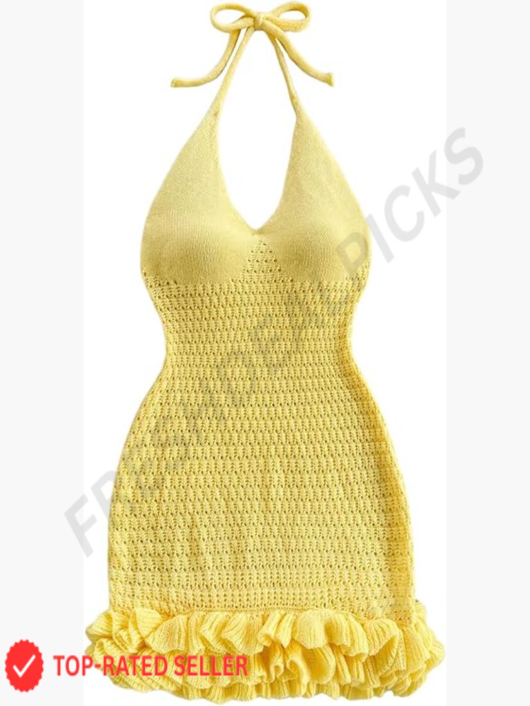 Crochet Halter Knit Bubble Mini Dress Bodycon Backless Sexy Beach Vacation